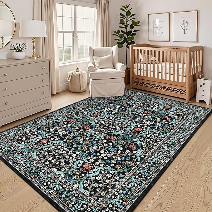 GarveeHome Washable Rug for Living Room, 9x12 Large Area Rug for Dining Room Under Table, Bedroom, Floral Soft Low Pile Non Slip Stain Resistant Carpet for Nursery, Playroom, Office, Black