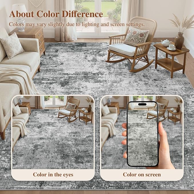 UERMEI 10x14 Area Rug for Living Room - Washable Neutral Modern Abstract Carpet, Non-Slip Soft Large Indoor Floor Rugs for Bedroom Home Office & Under Dining Table Decor, Grey Black