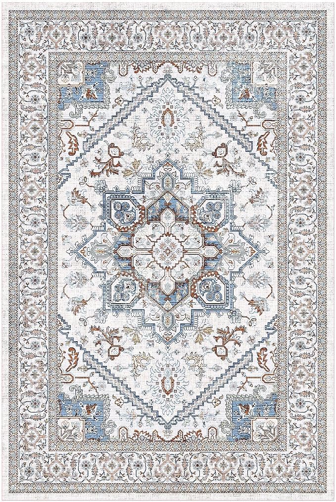 OPPODREAM Soft Neutral Area Rugs 4x6, Low-Pile Washable Rugs 4x6 with Non Slip Backing, Faux Cashmere 4 x 6 Throw Carpet, Cream White & Blue & Light Brown