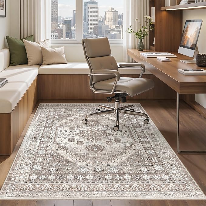 befbee 4x6 Rugs for Living Room Bedroom,Non-Slip Washable Rug,Stain Resistant Lightweight Area Rugs for Dining Room,Ultra-Thin Indoor Floor Carpet (Brown/Beige, 4'x6')