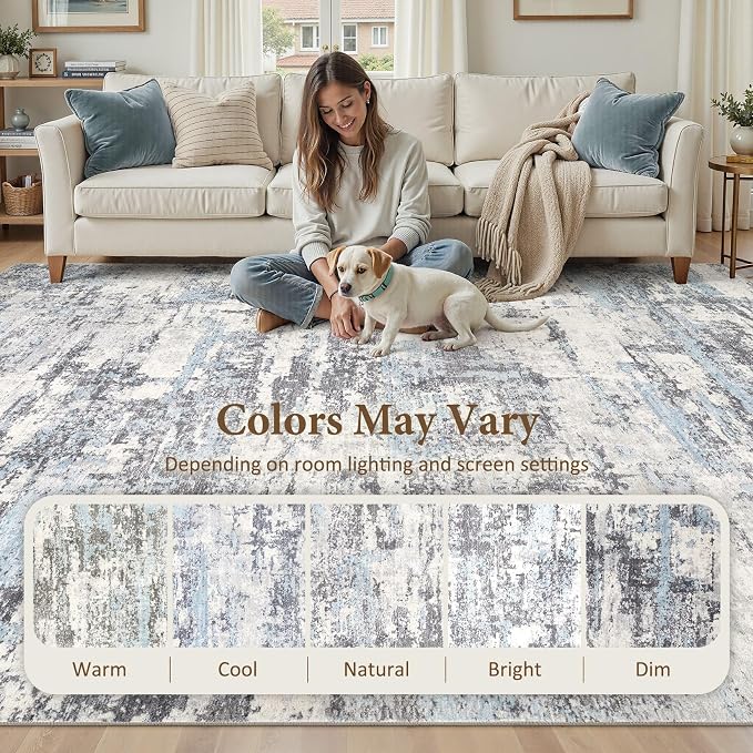 Area Rugs for Living Room: 12x12 Abstract Washable Rug Modern Neutral Large Soft Stain Resistant Non-Slip Backing Machine Table for Bedroom Dining Room Indoor Home Office Carpet - Blue Grey