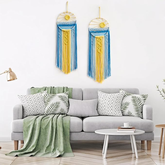 Artilady 2 Pack Blue Sun Wall Decor Macrame Hanging Tapestry Sunshine Sunset Wall Art Set, Rustic Woven Tapestries Boho Dream Catcher Colorful Decor for Bedroom Living Room Nursery (Blue 2Pcs)