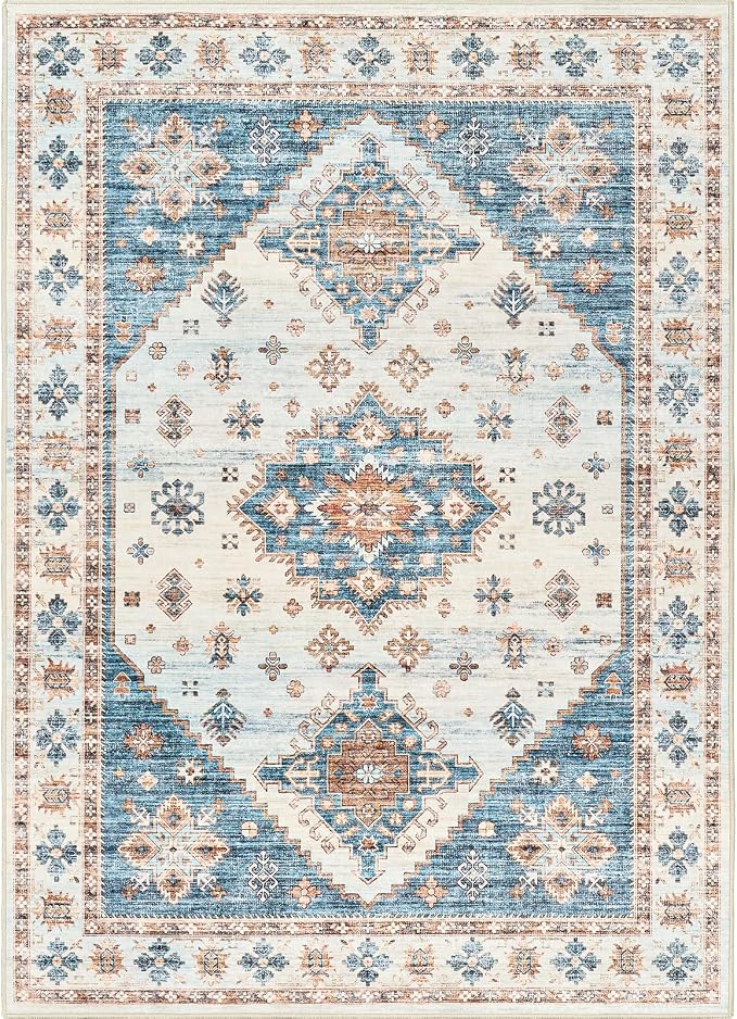 Roxstand Area Rugs 5x7, Low Pile Non-Slip Backing Rugs, Super-Soft Home Decor Washable Rugs 5x7 Under Table, Foldable Floral Vintage Area Rug for Living Room (Blue/Beige, 5'x7')