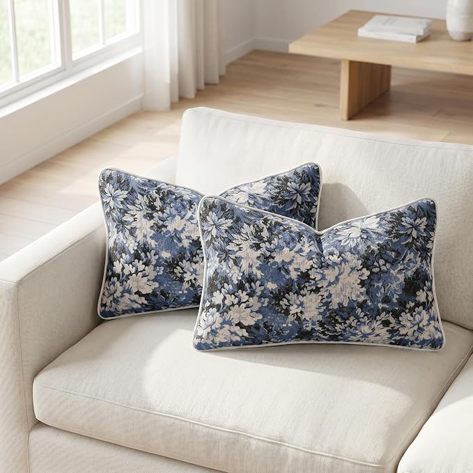 Vintage Floral Throw Pillow Covers 12x20 Inches Set of 2 Lumbar Boho Farmhouse Pillow Cases Premium Chenille Textured Decorative Cushion Covers for Couch Retro Garden Farmhouse Style Blue