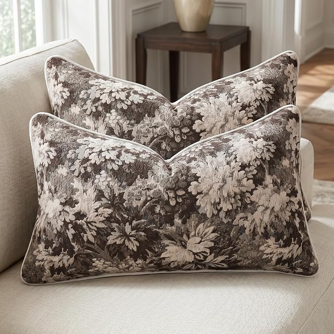 Vintage Floral Throw Pillow Covers 12x20 Inches Set of 2 Lumbar Farmhouse Pillow Cases Premium Chenille Textured Decorative Cushion Covers for Couch Retro Garden Farmhouse Style Coffee