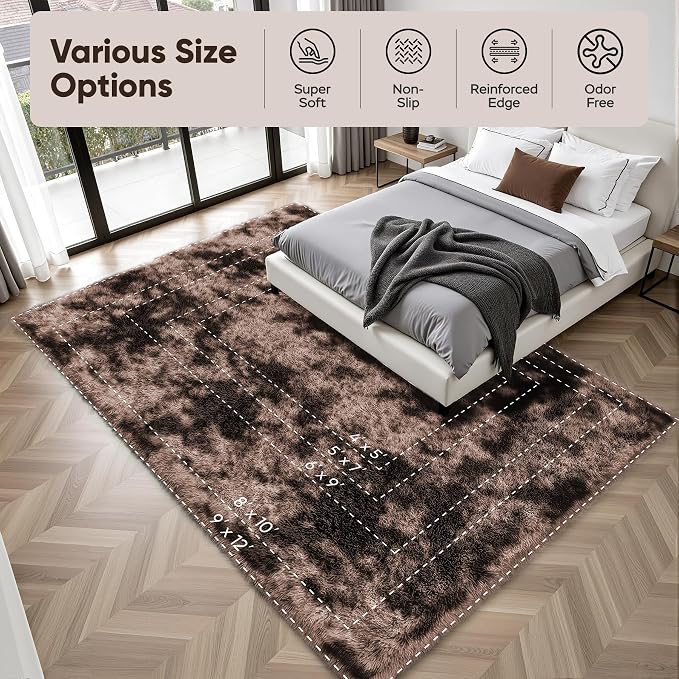 Area Rug for Living Room Bedroom: 4x6 Soft Fluffy Shag Upgrade Non-Slip High Pile Carpet Large Fuzzy Plush Indoor Floor Decor Shaggy Coffe Tie-Dyed Rug for Kid Boys Girls Playroom Nursery Modern Home