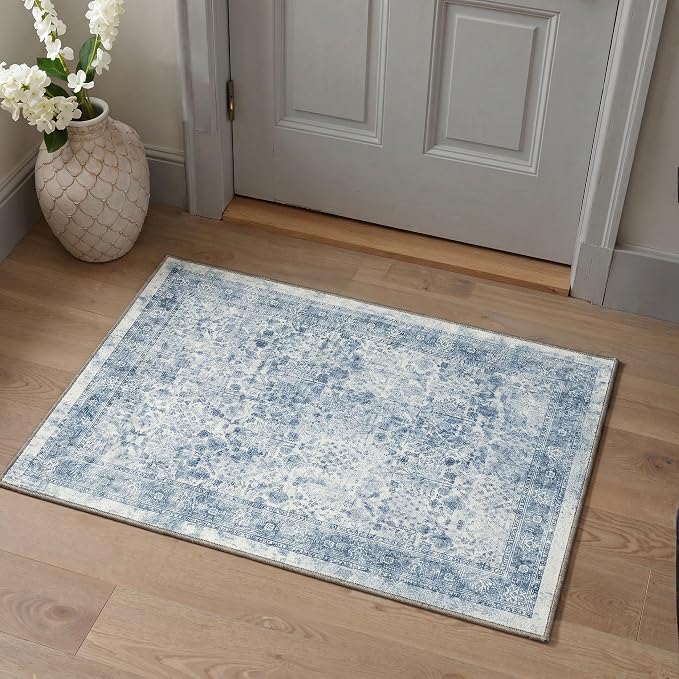 Bavni Washable Rugs 4x6 Machine Washable Rug Lightweight Low Pile, Vintage Floral Rug Non-Shedding Distressed Throw Carpet for Living Room Bedroom Office, Light Blue