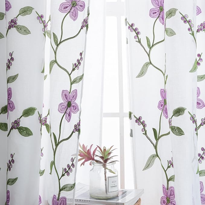 Petrichor Embroidered Sheer Curtain 2 Panels Set - Luxury Window Curtain Attached Valance with Satin Backing and 2 Tie Backs for Living Room,Dining Room, 54x84 inches, Lavender