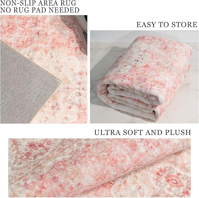 Washable Runner Rug 2x8,Pink Rug Runners Non Slip,Long Boho Rugs for Hallways Kitchen Bedroom Entryway Living Room Bathroom,Vintage Bohemian Distressed Floor Carpet,Blush