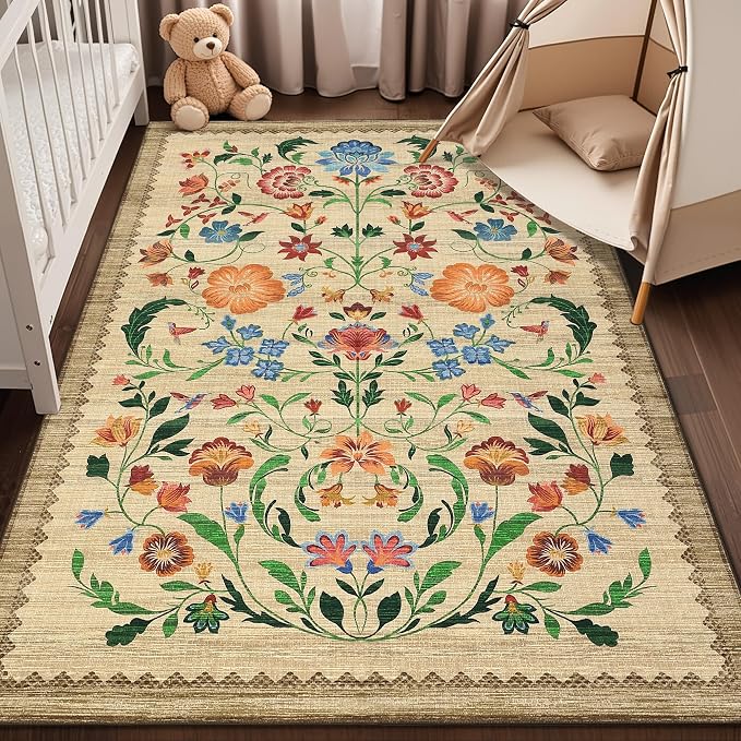 GarveeHome Washable Rug 5x7 Area Rugs for Living Room, Floral Rug for Bedroom, Soft Boho Non Slip Throw Rugs with Rubber Back, Low Pile Stain Resistant Vintage Floral Carpet for Dining Room, Beige
