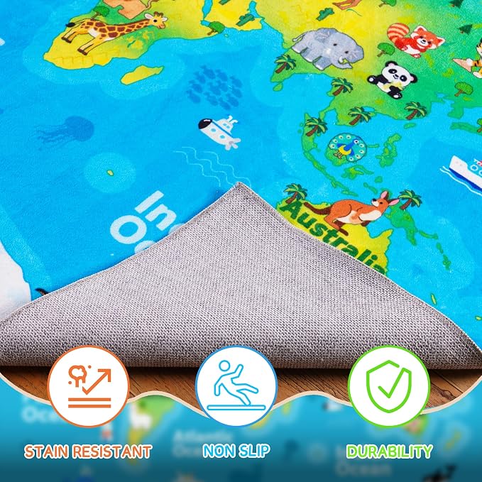 Kids Playroom Rug, 6x6ft Round World Map Rugs with Cute Animals, Washable Durable Soft Carpet Kid Educational Rugs for Boys Girls Bedroom Nursery Classroom