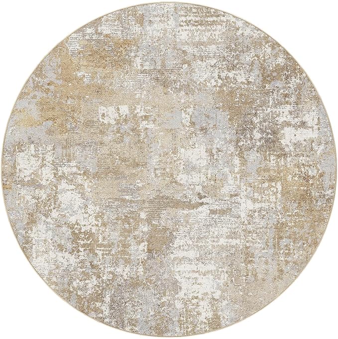 Tortania Washable 12' Round Area Rug for Living Room: Modern Abstract Neutral Large So' Thin Rugs - Non Slip Indoor Carpet for Bedroom Dining Room Office Nursery Home Floor Decoration - Brown Grey