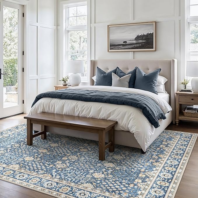 Bavni 2x7 Rug Runners for Hallways, Washable Runner Rug Non Slip,Vintage Floral Print Style Rugs for Bedroom-Lightweight Low Pile Carpet for Hallways Bathroom, Lake Blue