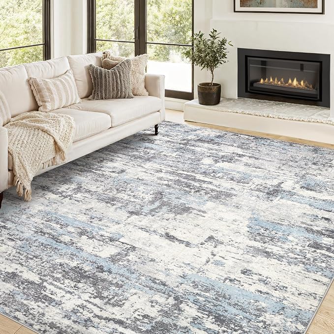 Area Rugs 5x7 Living Room: Washable Large Abstract Modern Neutral Soft Rug Stain Resistant Non-Slip Backing Carpet for Bedroom Dining Room Indoor Nursery Dorm Home Office Decor - Blue Grey