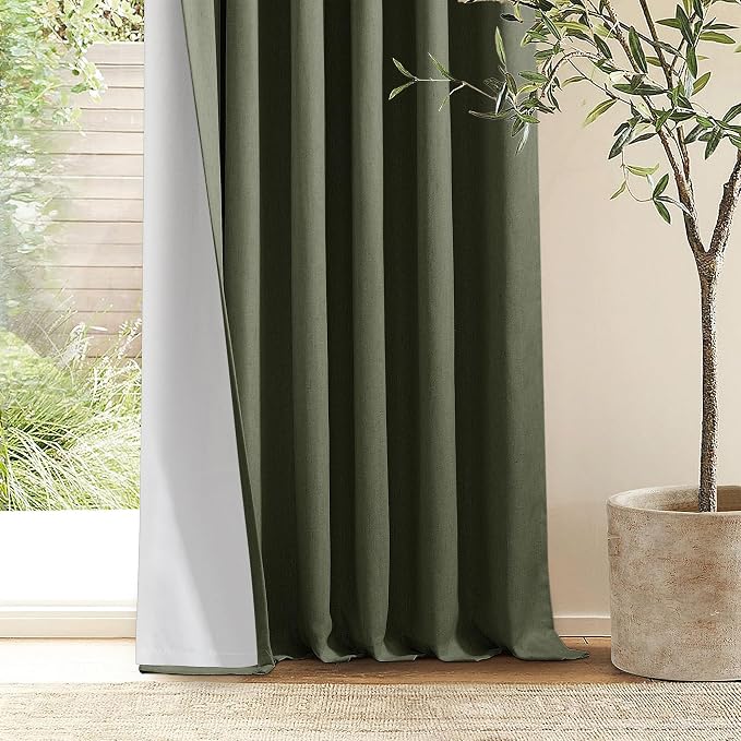 Olive Green Black Out Curtains 63 Inch Long for Bedroom Pinch Pleated with Rings Hooks Back Tab Thermal Insulated Short Linen Blackout Drapes Farmhouse Living Room Darkening Kitchen Curtains