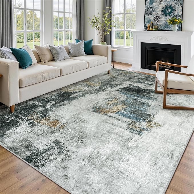 9x12 Area Rugs for Living Room Rug Washable: Abstract Large Rug for Dining Room Bedroom Carpet Non Slip 9 by 12 Indoor Modern Nursery Home Office Black Gold