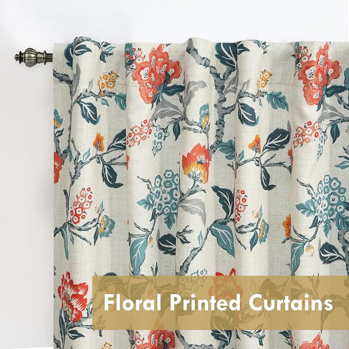 DriftAway Ada Floral Botanical Print Flower Leaf Lined Thermal Insulated Room Darkening Blackout Window Curtains 2 Layers Set of 2 Panels Each 52 Inch by 90 Inch Orange Teal Beige Linen