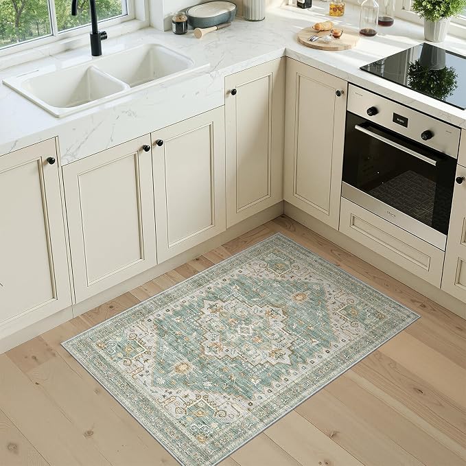 Floral Rugs for Entryway, 2X3 Washable Kitchen Rugs Non Slip Indoor Door Mat Stain Resistant Small Low-Pile Throw Carpet for Bathroom Bedroom(2x3,Green)
