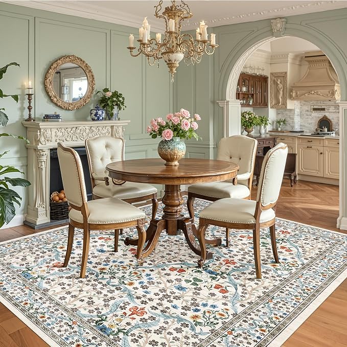 GarveeHome Washable Rug for Living Room, 9x12 Large Area Rug for Dining Room Under Table, Bedroom, Floral Soft Low Pile Non Slip Stain Resistant Carpet for Nursery, Playroom, Office, Beige