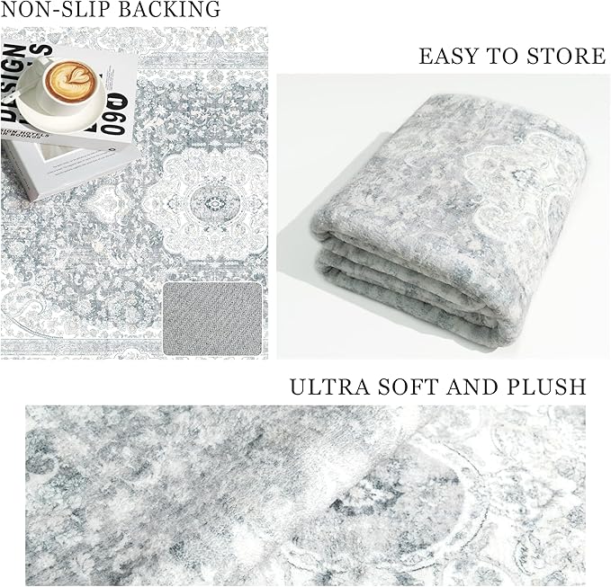 Small Rugs 2x3,Grey Rug for Entryway Bathroom Bedroom Kitchen Entrance Doormat,Boho Vintage Bohemian Distressed Washable Accent Floor Throw Carpet Non Slip,Floral