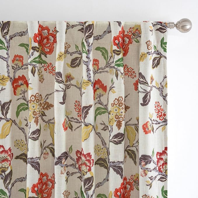 DriftAway Ada Floral Botanical Print Flower Leaf Lined Thermal Insulated Room Darkening Linen Blackout Back Tab Window Curtains 2 Layers Set of 2 Panels Each 52 Inch by 63 Inch Orange Terra Cotta