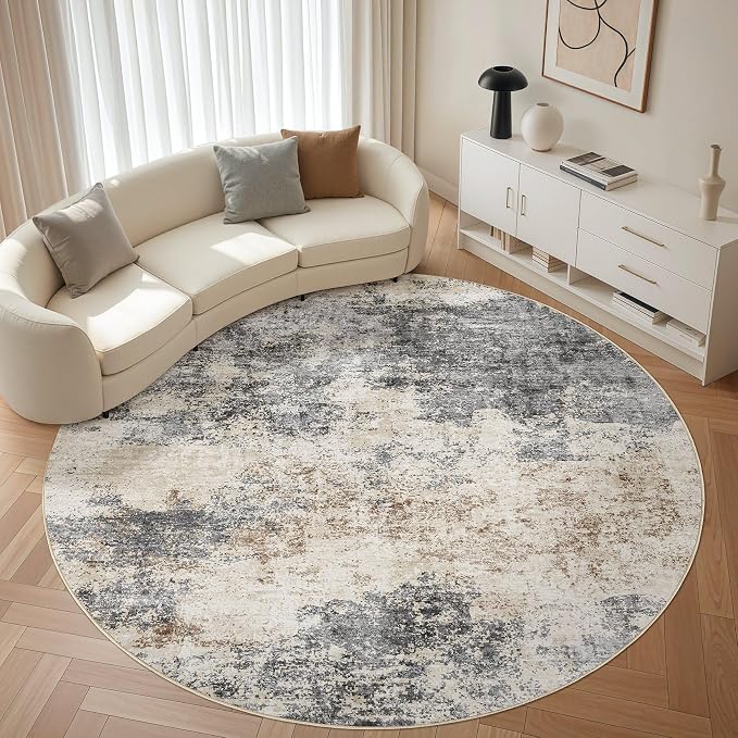 Round Rug Living Room Rugs: 10x10 Washable Circle Large Abstract Modern Soft Stain Resistant Non-Slip Indoor Floor Carpet for Bedroom Nursery Office Dining Room Dorm Home House- Grey Brown