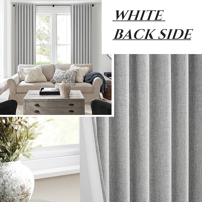 QJmydeco Grey Blackout Curtains 84 Inch Length 2 Panels Set for Bedroom, Modern Faux Linen Room Darkening Pleated Light Gray Burg with Rod Pocket Back Tab 84 Inch Insulated Curtain for Office Sunroom