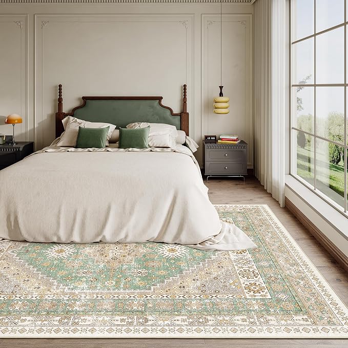 zesthome 6x9 Area Rug, Super Soft Washable Rugs for Living Room, Non-Slip Stain Resistant Vintage Rugs, Ultra-Thin Large Area Rugs (Green/Brown,6'x9')