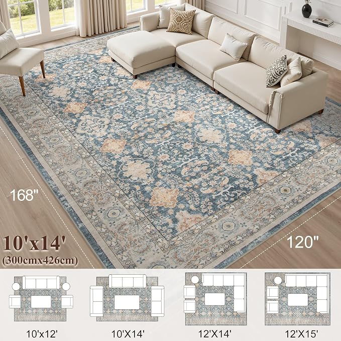 Vintage Living Room Area Rug 10x14 - Large Soft Washable Oriental Traditional Distressed Farmhouse Rugs for Bedroom - Indoor Floor Accent Carpet for Home Office House Decor - Dark Blue
