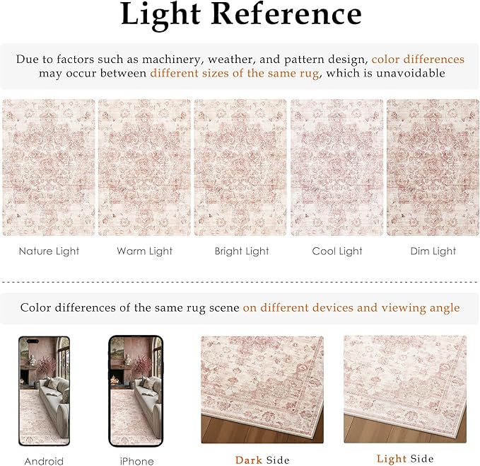 6x9 Washable Neutral Area Rug Pink Vintage Living Room Bedroom Carpet Non-Slip Soft Low Pile Farmhouse Indoor Throw Rug for Dining Room Entryway Office