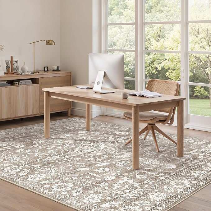 Soalmost 5x7 Area Rugs for Living Room, Washable Neutral Soft Rug | Vintage Floral Non-Slip Low Pile Throw Large Carpet for Dining Room Bedroom Kitchen Home Office Nursery Light Brown 5'x7'