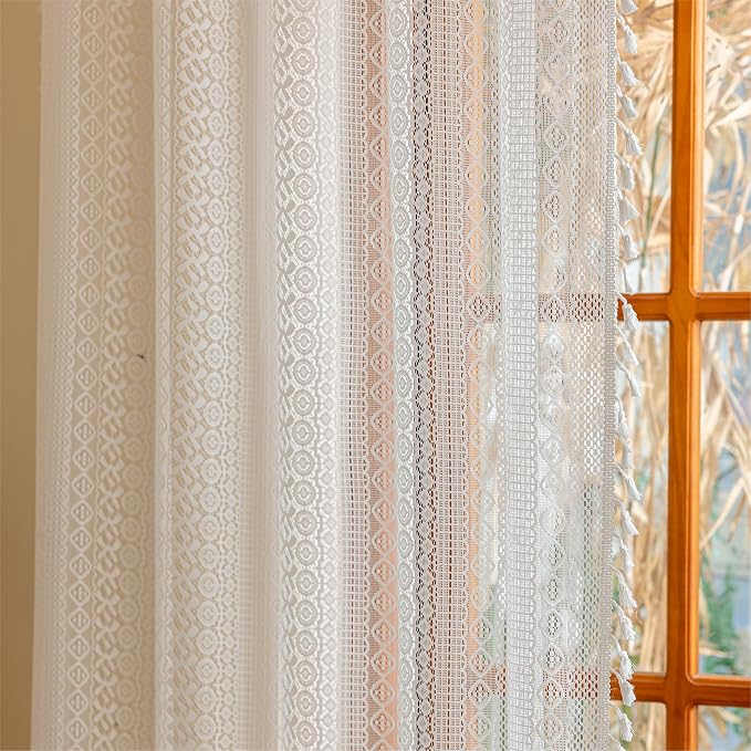 Sutuo Home Boho Lace Curtains 84 Inches Long for Bedroom&Living Room, Bohemian Crochet Privacy Farmhouse Vintage Chic Tassels Ivory Retro Window Sheer Curtains Decor Rod Pocket, 2 Panels 50" W,White
