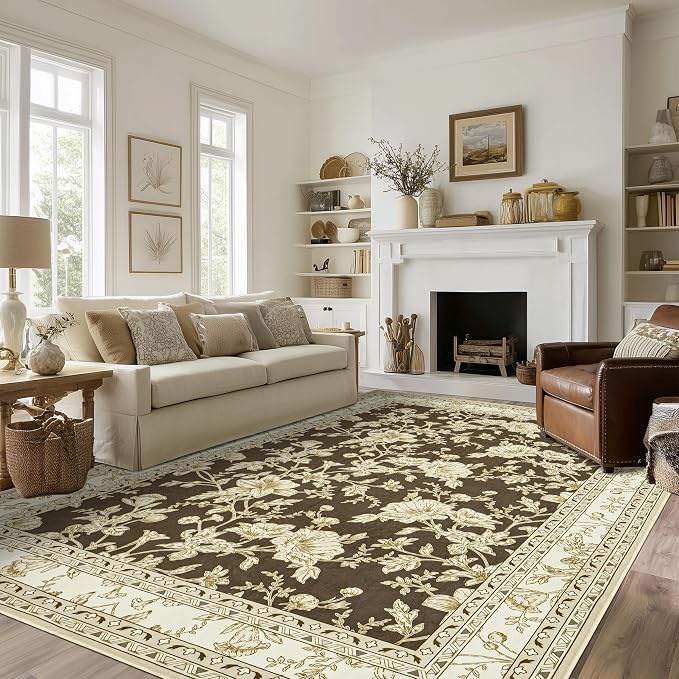 Large Neutral Brown Area Rug 10x12 for Living Room Earth Tone Cream Khaki Pattern Modern Boho for Bedroom Soft Vintage Area Rug Farmhouse Floral Carpet for Dining Room Guest Bedroom Home Decor