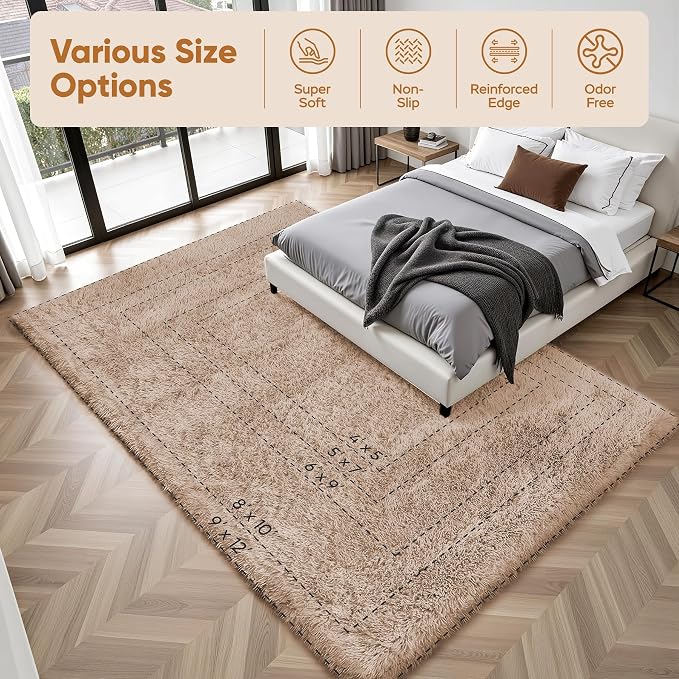 8x10 Area Rugs for Living Room Bedroom: Camel Soft Fluffy Shag Upgrade Non-Slip High Pile Carpet Large Fuzzy Plush Indoor Floor Decor Shaggy Rug for Kid Boys Girls Dorms Playroom Nursery Modern Home