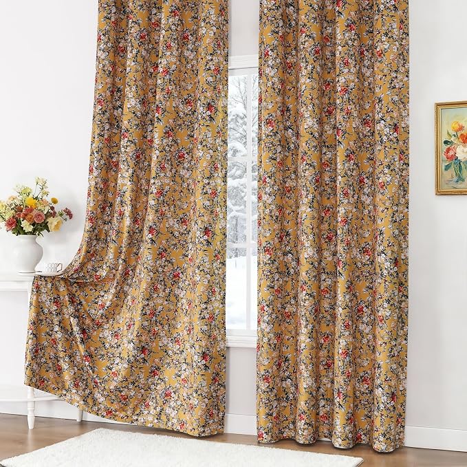 Estelar Textiler Mustard Yellow Velvet Floral Printed Blackout Curtains 102 Inch Length 2 Panels Set, Thermal Insulated Grommet Drapes Luxury Vintage Decoration for Living Room and Bedroom, 52Wx102L
