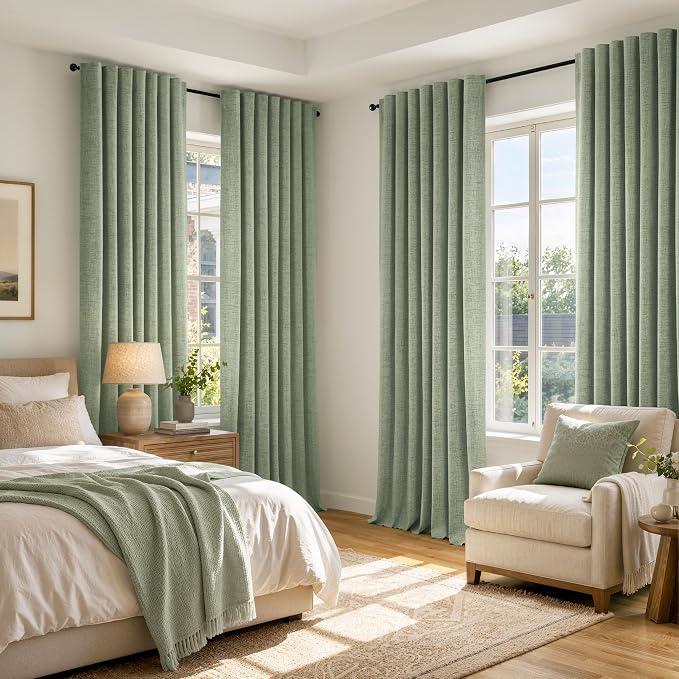 MIULEE 100% Blackout Linen Curtains for Bedroom, Sage Green Solid Luxury Decor Thermal Insulation Room Darkening Drapes for Living Room Back Tab Rod Pocket 42 x 96 Inches, 2 Panels