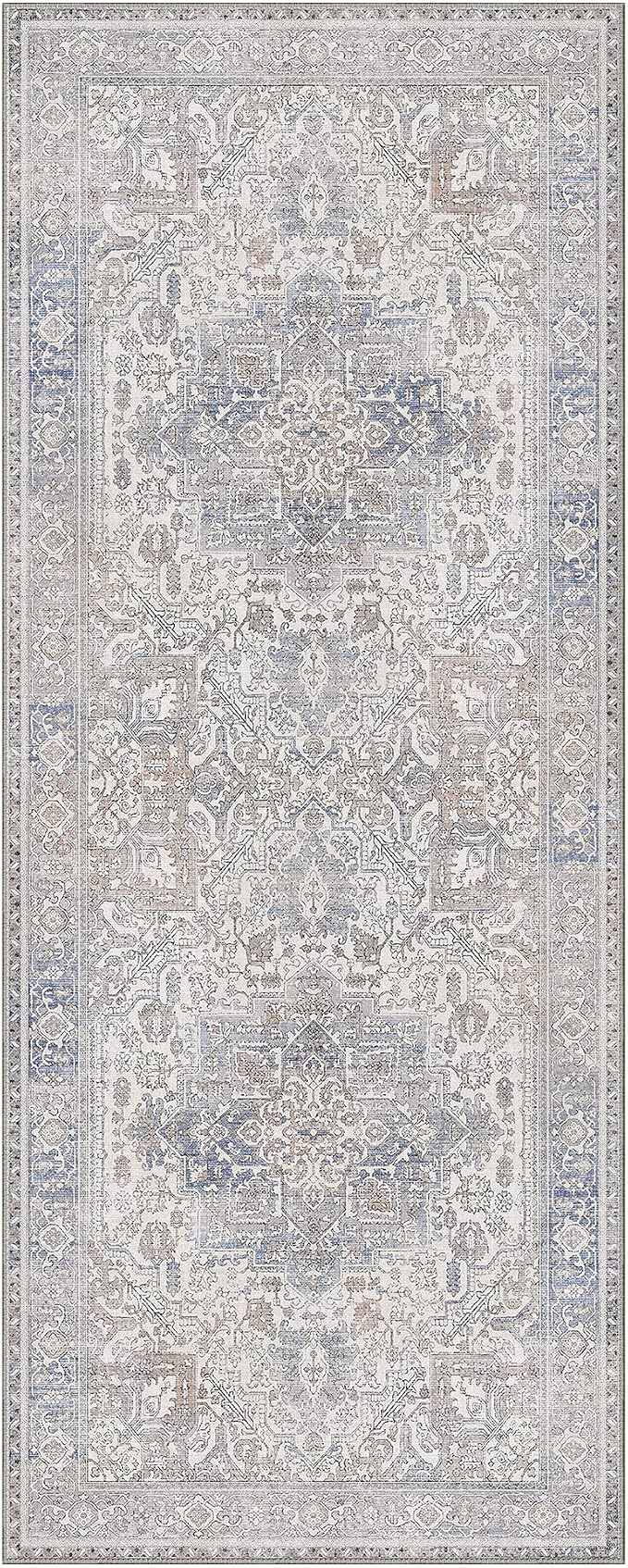 GENIMO 2'6"x8 Runner Rugs for Hallway, Machine Washable Non Slip Vintage Retro Rugs, Low Pile Lightweight Thin Print Rug for enrtyway, Corridor, Home Office, Kitchen, Khaki Blue