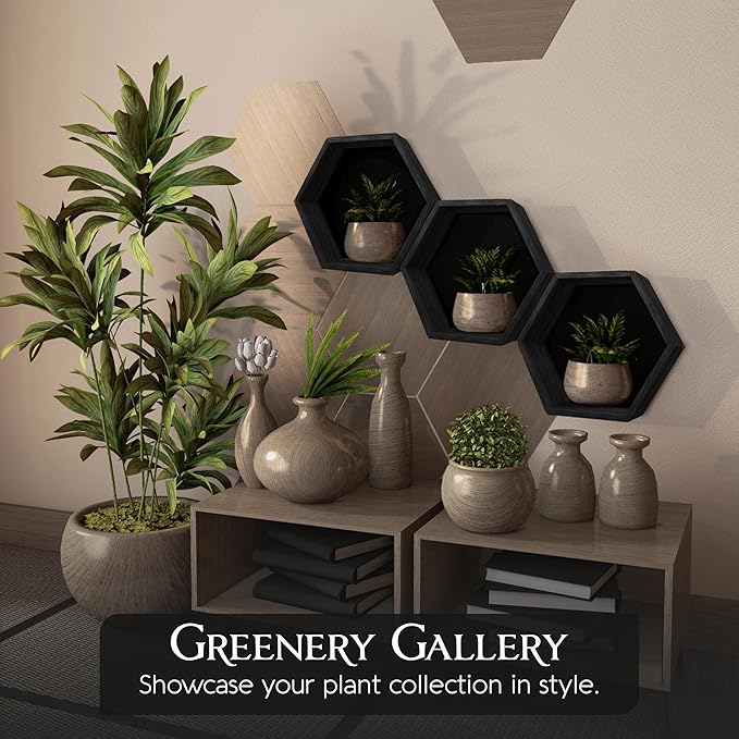 Hexagon Floating Shelves Set of 6 Honeycomb Shelves for Wall, Wooden Hexagon Shelves for Farmhouse Storage (Carbonized Black)