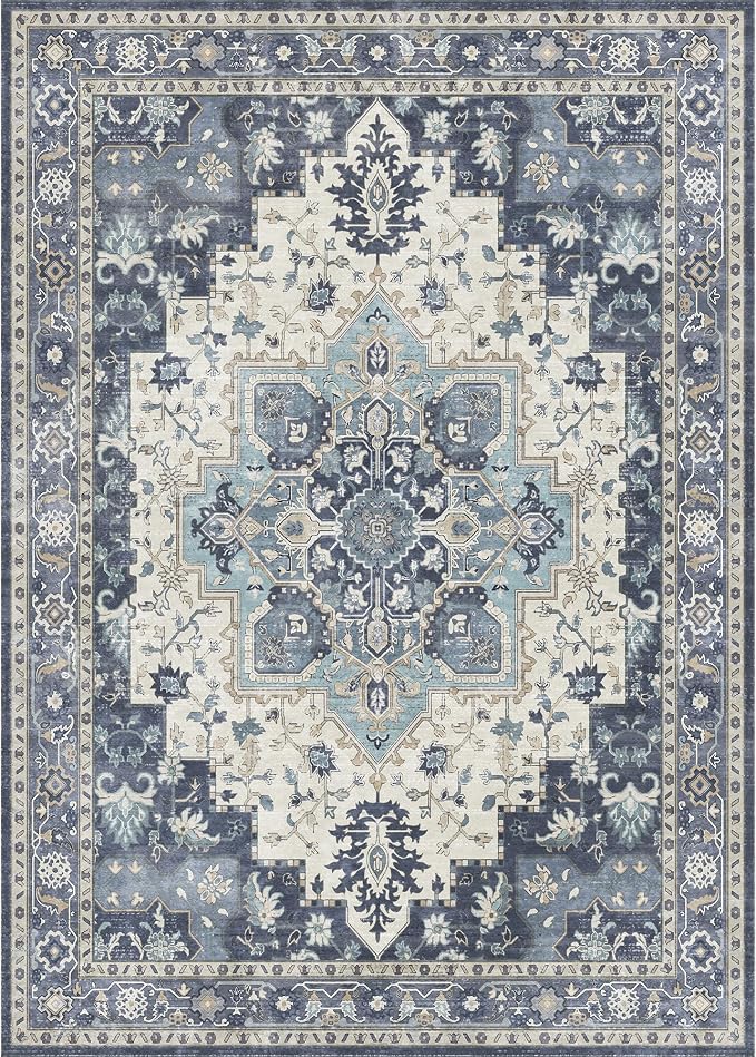 GENIMO 5x7 Area Rugs for Living Room, Machine Washable Non Slip Vintage Rugs, Low Pile Lightweight Print Rug for Bedroom, Dining Room, Home Office, Center Blue
