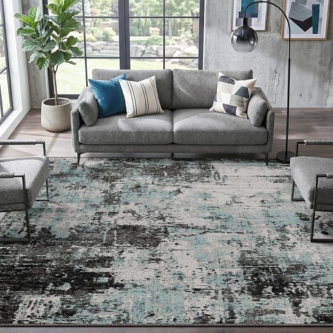 RELEANY Washable Area Rugs 8'x10' Non-Slip Modern Abstract Soft for Living Room Entryway Bedroom Kitchen, Print Pattern, Blue Black Teal
