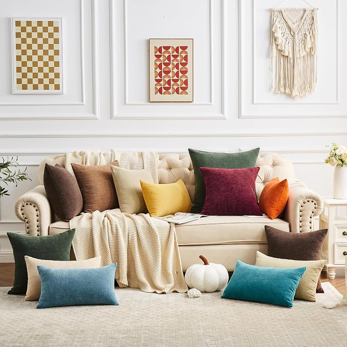 GAWAMAY Decorative Square Throw Pillow Covers 22x22 Inch Set of 2, Super Soft Chenille Pillows Farmhouse Fall Pillowcase for Living Room Bedroom Sofa Couch Cushion Cover Khaki 55x55cm (No Insert)