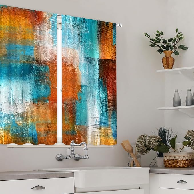 MESHELLY Brown Blue Abstract Kitchen Curtains 27.5W x 39H Inch Rod Pocket Rust Burnt Orange Teal Art Painting Modern Contemporary Watercolor Cool Oil Print Bedroom Window Drapes 2 Panel