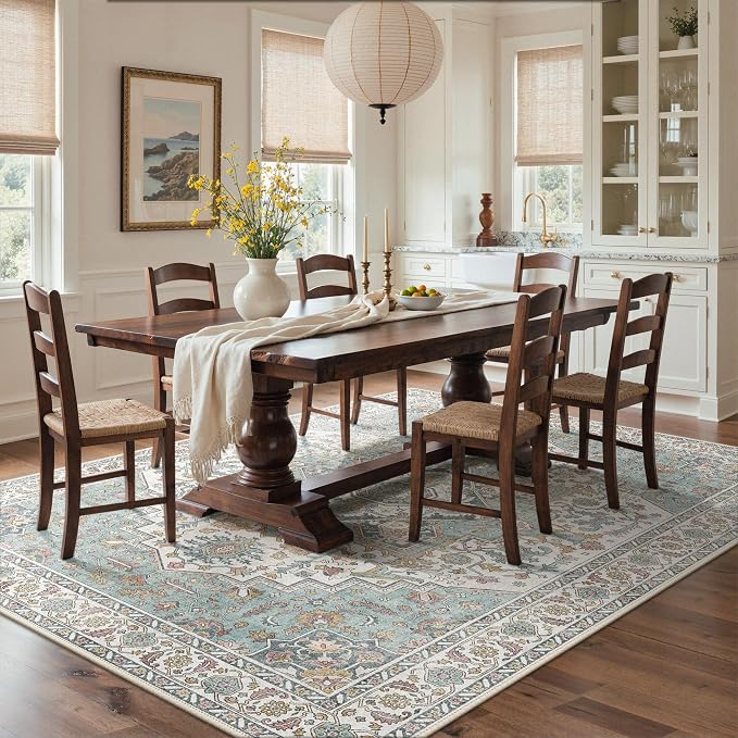 GENIMO 5x7 Area Rugs for Living Room, Machine Washable Non Slip Rugs, Low Pile Lightweight Print Rug for Bedroom, Dining Room, Home Office, Vintage White/Teal