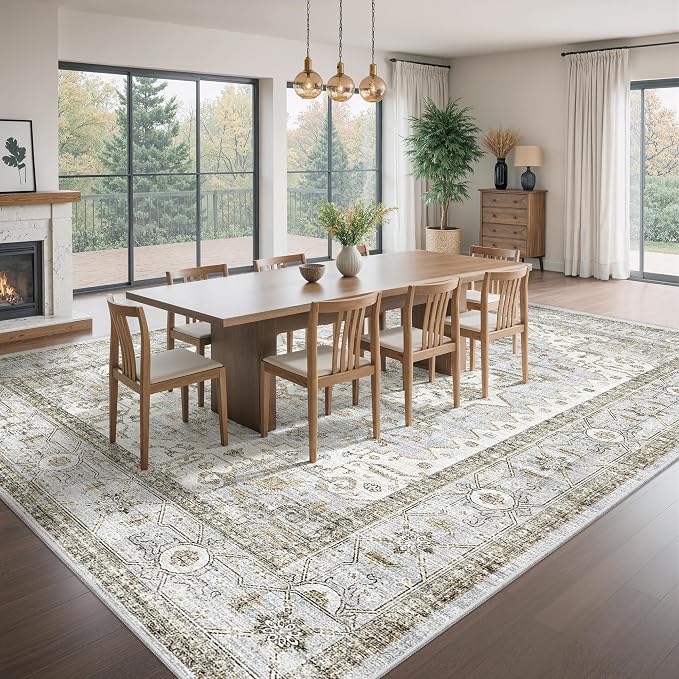 befbee Washable Rugs 10x14 Area Rugs for Living Room,Rugs for Bedroom,Ultra Soft Living Room Bedroom Large Carpe,Low Pile Vintage Print Rug for Home Office Decor (10'x 14',Blue&Beige)