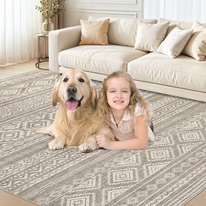 cotiled 7x10 Area Rugs Living Room Rug: Washable Boho Rugs with Non Slip Backing Large Soft Indoor Stain Resistant Carpet for Bedroom Farmhouse Dining Room Lightweight Home Decor Coffee Brown