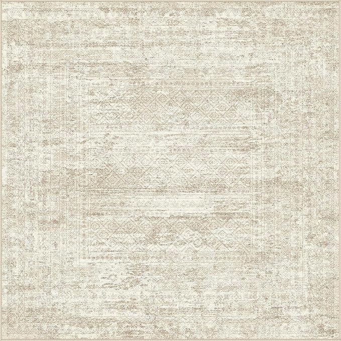 UERMEI Square Area Rugs : Washable 5x5 Neutral Modern Abstract Carpet for Living Room Bedroom - Soft Floor Mat with Non Slip Backing for Kitchen Nursery Dorms Farmhouse Home Decor - Beige/Brown