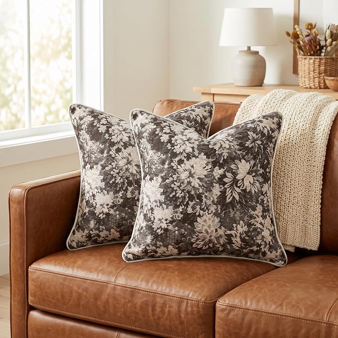 Vintage Floral Throw Pillow Covers 18x18 Inches Set of 2 Boho Farmhouse Pillow Cases Premium Chenille Textured Decorative Cushion Covers for Couch Retro Garden Farmhouse Style Coffee