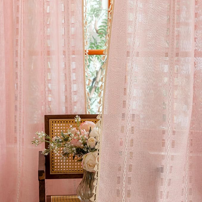 Pink Curtains for Girls Bedroom 2 Panels,Light Pink Nursery Curtains 84 Inches Long,Bohemian Beige Tassels Light Filtering Curtains Shabby Chic Embroidery Striped Draps Back Tab, 50" W