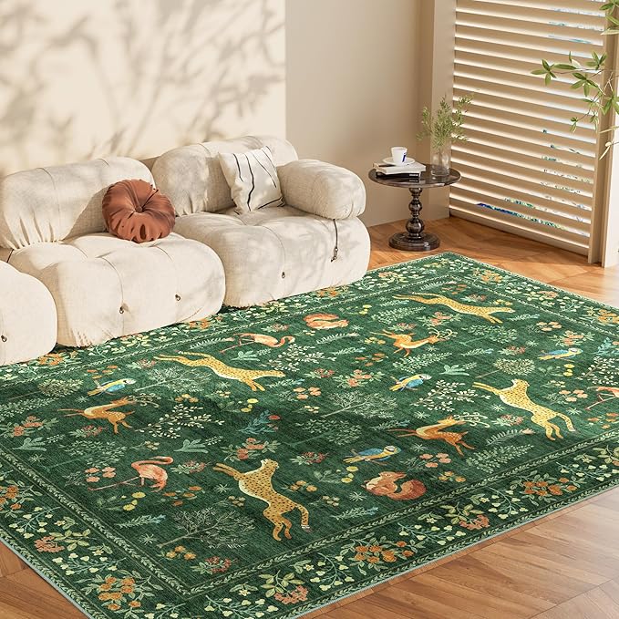 DUKINO 5x7 Rug, Washable Animal Living Room Rug with Non Slip Vintage Design, Soft Low Pile Large Carpet for Bedroom, Nursery, Dining Room, Farmhouse, Playroom, Green