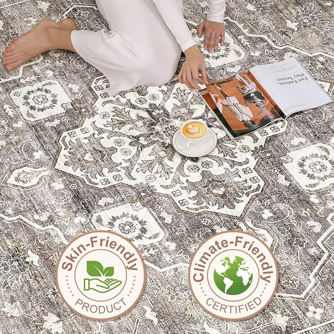 6x9 Area Rug Living Room: Washable Boho Large Neutral Vintage Soft Rugs Stain Resistant Farmhouse Non-Slip Indoor Rustic Floor Carpet for Bedroom Nursery Kids Playroom Office Dining Room- Dark Brown